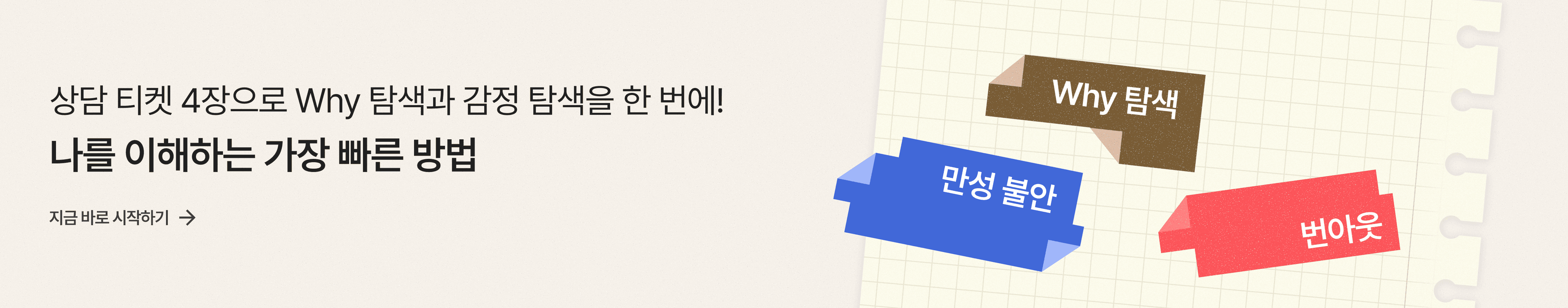 상담권 4장으로 Why 탐색과 감정 탐색을 한 번에. 나를 이해하는 가장 빠른 방법. 지금 바로 시작하기